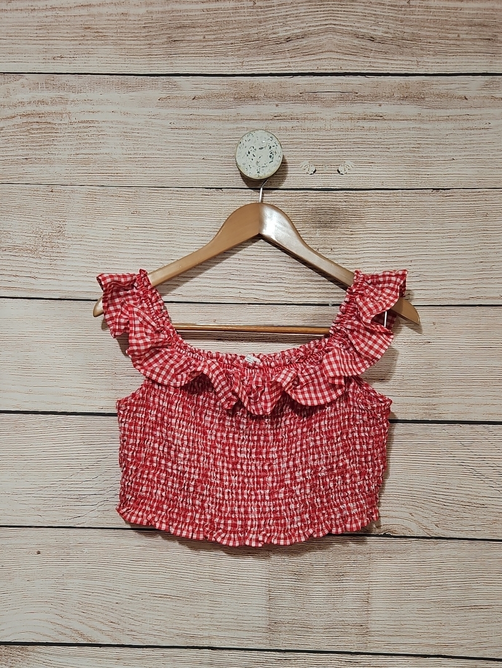 💟 Zara Red Gingham Ruffle Smocked Crop Top Large